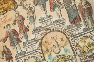 Close-up of hand-colored, historic print