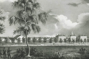 Close-Up of ca. 1836 B & W Print of Waterville-College, ME