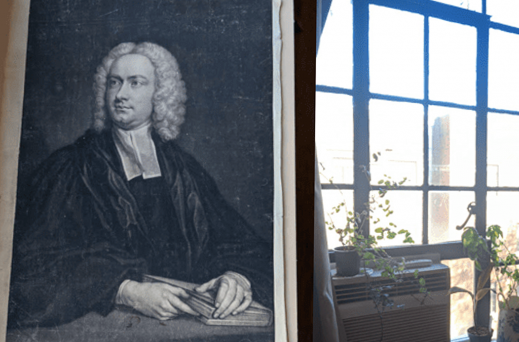 18th-century mezzotint shown next to brighlty-sunlit window